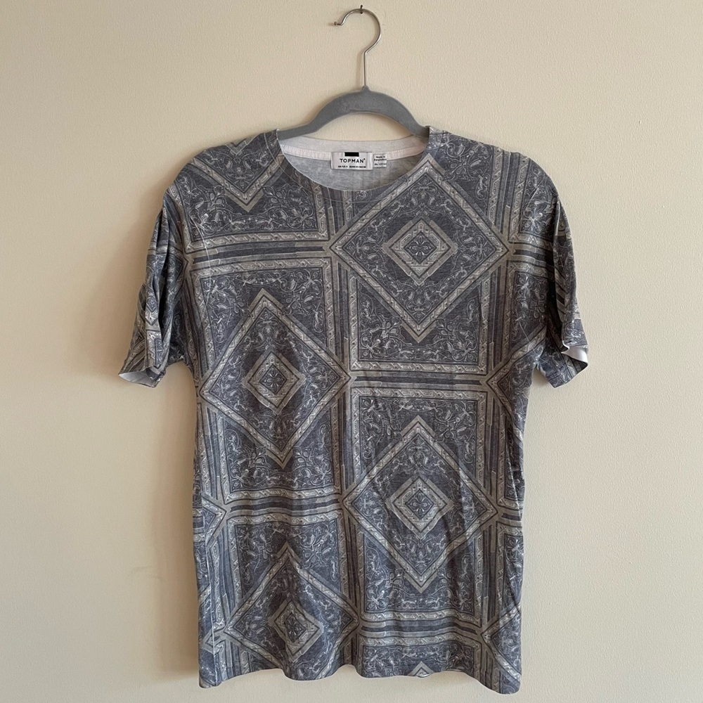Topman Blue/Gray Crewneck Patterned T-Shirt Short-sleeve Tee Small S